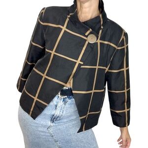 Transitions 100% silk black tan windowpane mock neck jacket 16